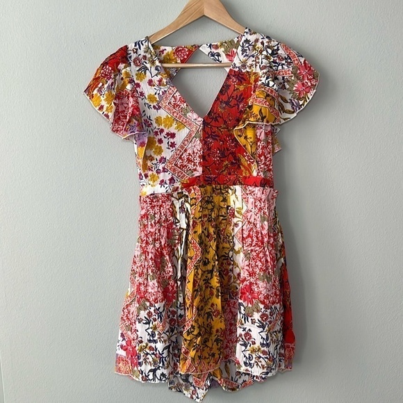 RAGA for Anthropologie Beautiful Escape Boho Skirted Tie Back Patchwork Romper - Picture 4 of 9